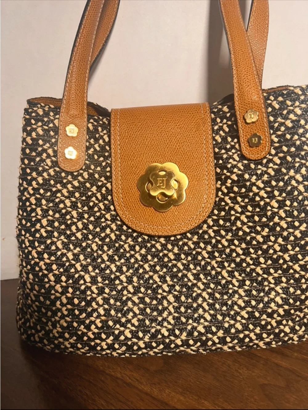 Eric Javits -New York Black & Tan Hand Bag with Tan Leather Trim
